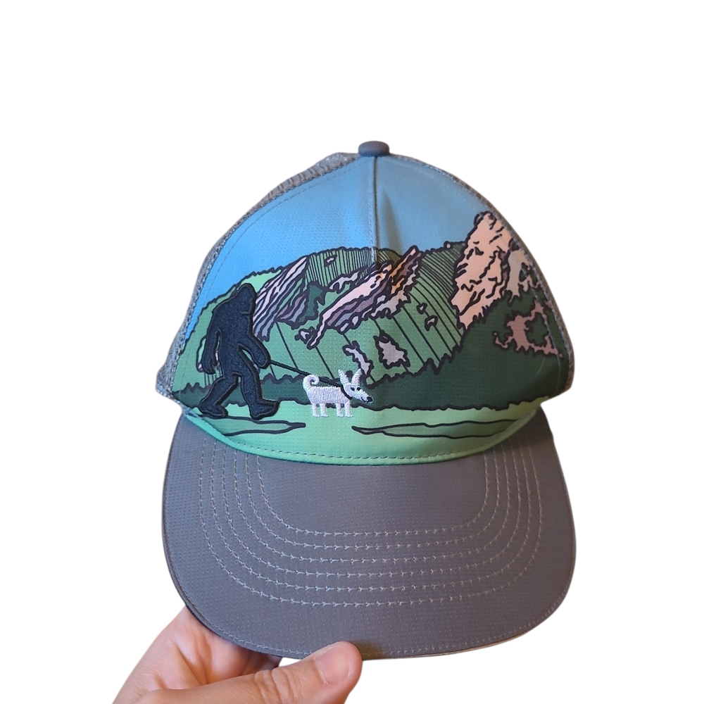 Gray and Blue Trucker Hat with Big Foot And Mountain Design Headsweats